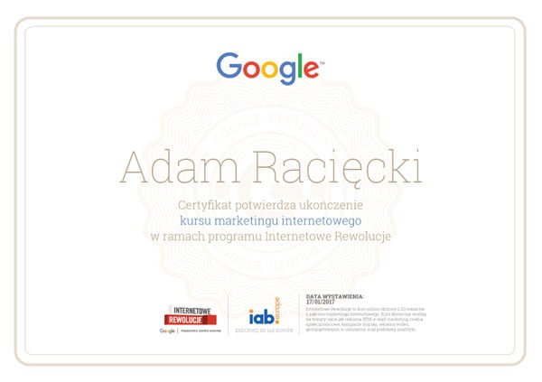 Adam Racięcki - certyfikowany specjalista Google