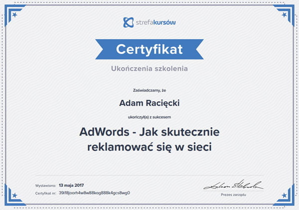 Adam Racięcki - certyfikowany specjalista reklamy Google Ads