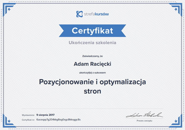 Adam Racięcki - certyfikowany specjalista Pozycjonowanie i optymalizacja stron www